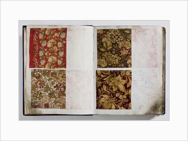 Pages from a book of textile samples, annotated by hand with