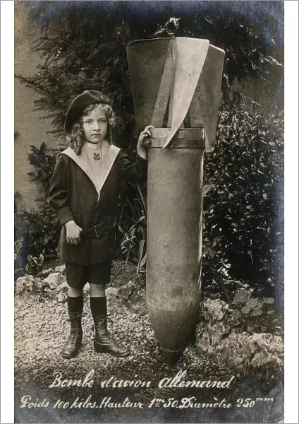 WW1 - Small French Child with a huge Unexploded German Bomb