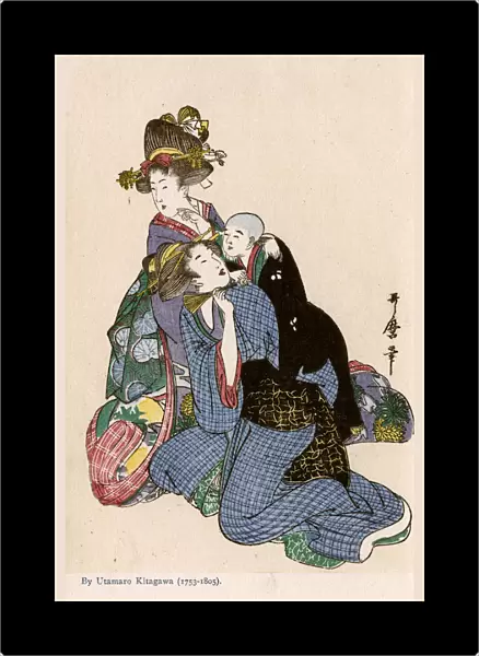 Two women, one with an infant - painting by Utamaro Kitagawa