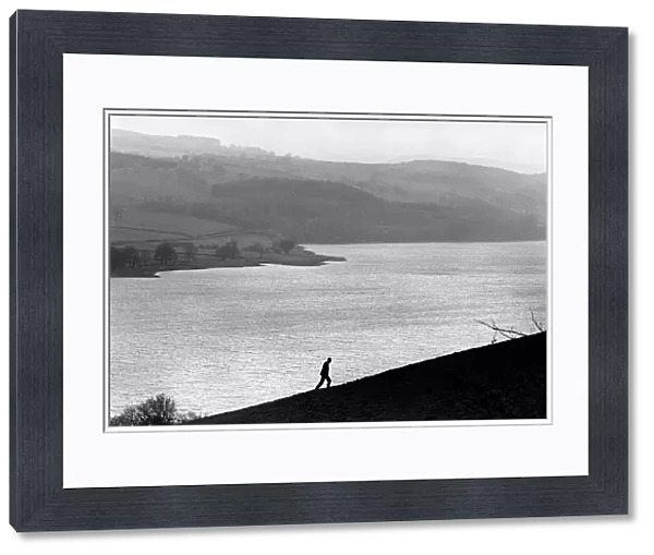 A man walks up a hill above Bala Lake, Gwynedd. North Wales