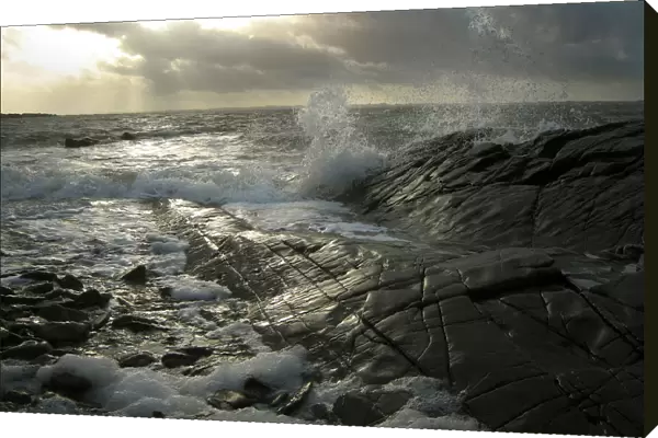 Waves splash against the shining black rocks at Knockbrex