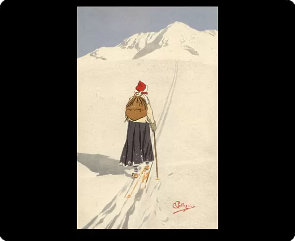 Skier with backpack following tracks - Switzerland - 1900s