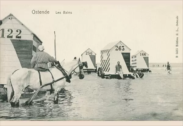 A beach scene from Ostend, Belgium - Bathing huts on wheels