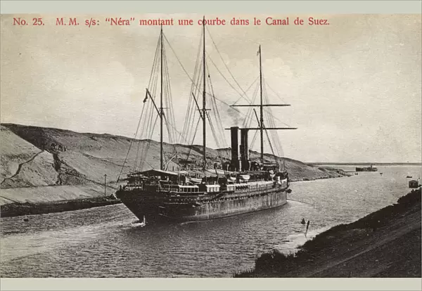 Steamship Nera navigating a curve in the Suez Canal, Egypt