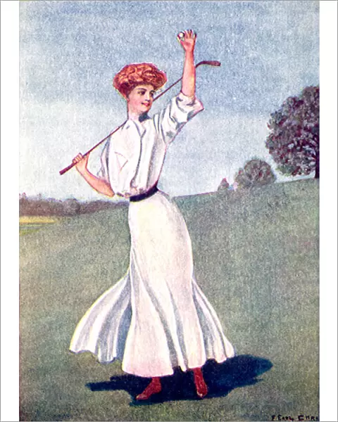 Woman in white holding up tiny golf ball of the golf course Date: 1905