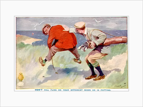 Man Hitting Flies off Man trying to putt on golf course Date: 1912