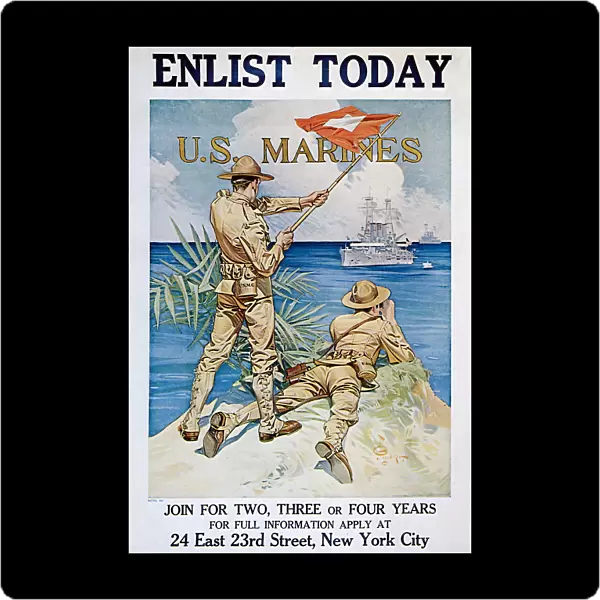 Two marines on coast signal battleship with flag Date: 1918