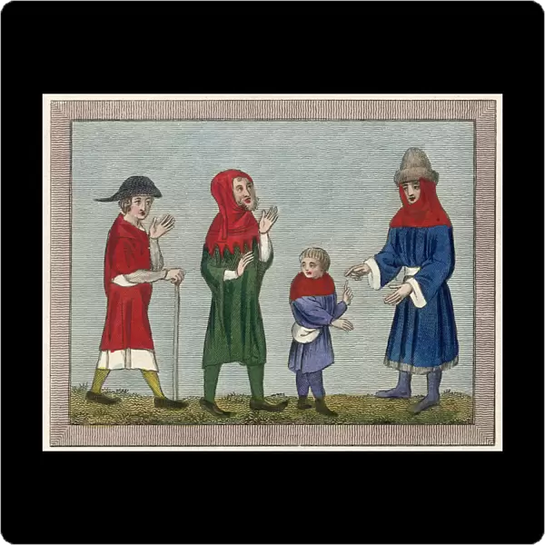 Three men and a boy dressed for travel; one wears a hood Date: 14th century