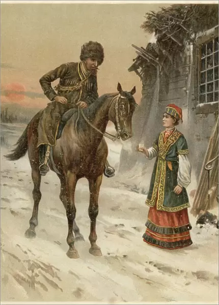 A Tartar on horseback halts in the snow at sunset for a warming drink Date