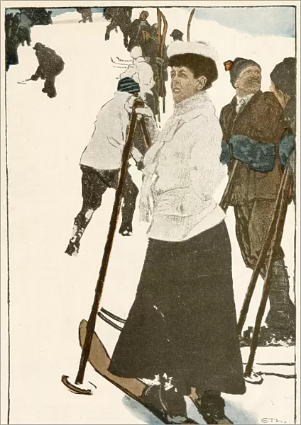 Skiers gather on the piste. Date: 1910