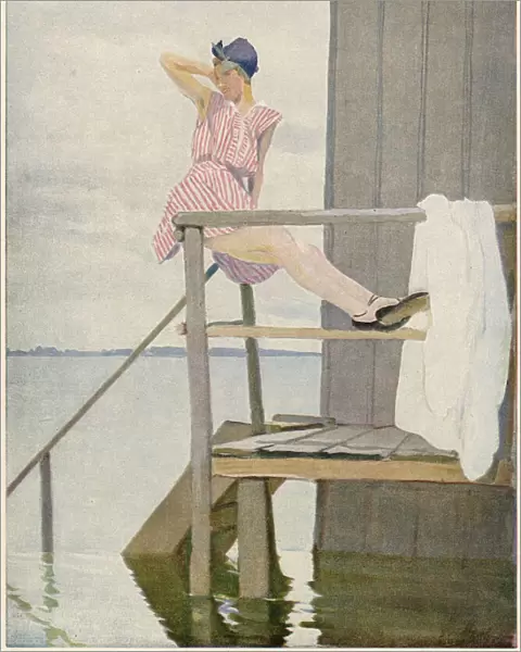 A young lady displays her legs on the platform of her beach cabin. Date: 1916