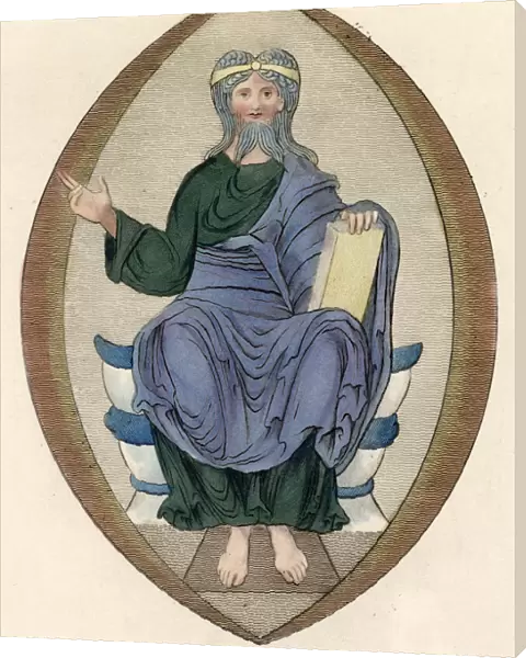 A monarchal state habit: long green super-tunic worn under a draped mantle, bare feet