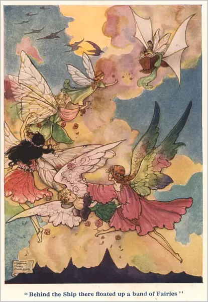 Beautiful illustration showing a group of rainbow-hued fairies following a ship sailing