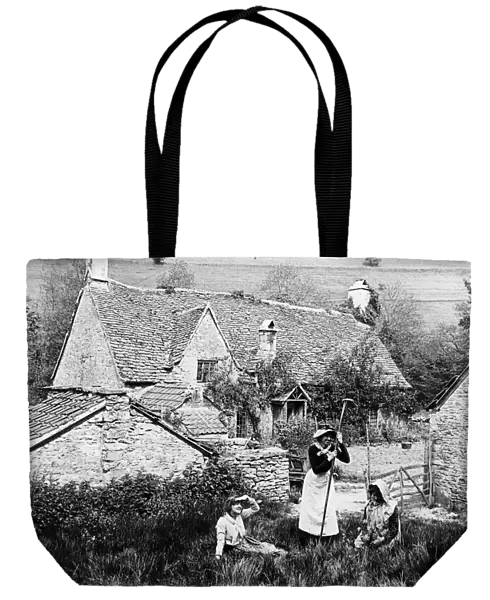 Villagers outside stone cottages, 1890s