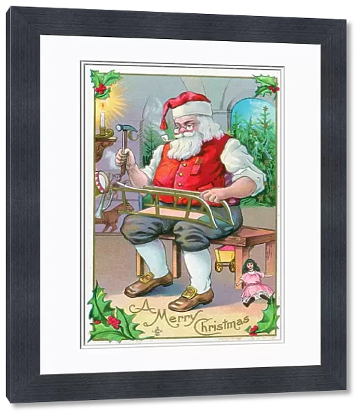 Santa Claus in his workshop on a Christmas postcard