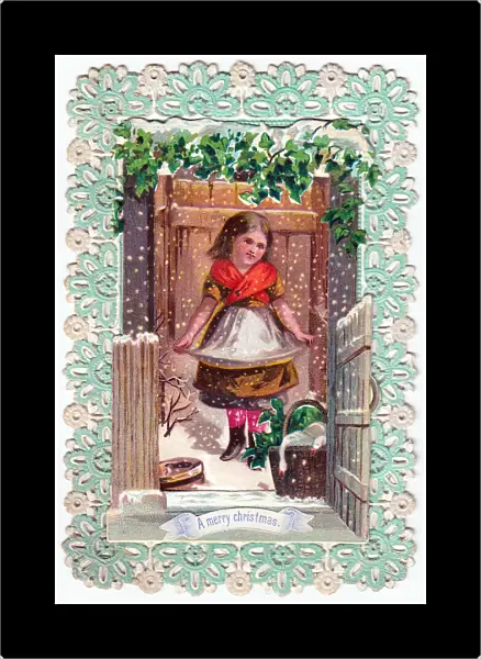 Girl with a basket of geese on a Christmas card
