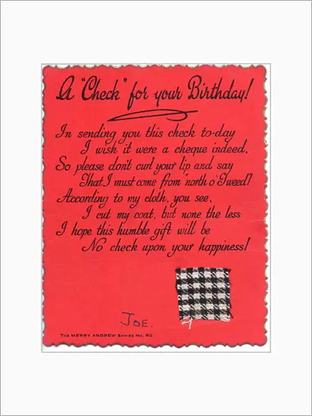 Piece of checked cloth with comic verse on a birthday card
