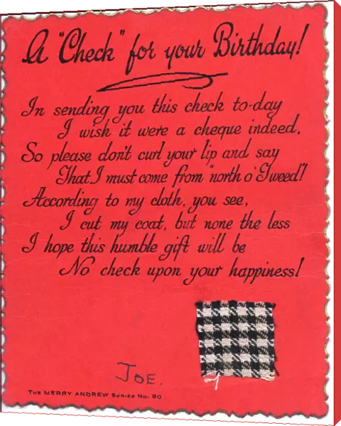 Piece of checked cloth with comic verse on a birthday card