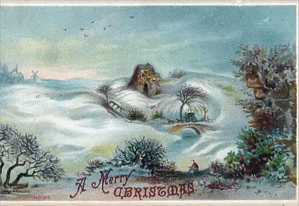 Rural snow scene on a Christmas card