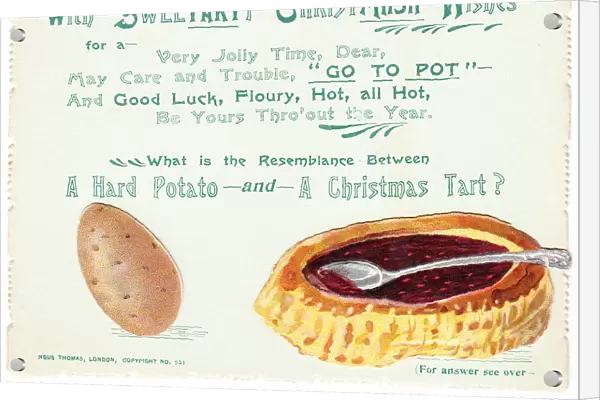 Potato and jam tart with comic verse on a Christmas card