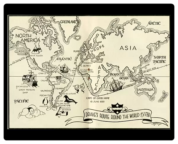 Map of Drakes route round the world, 1577-1580