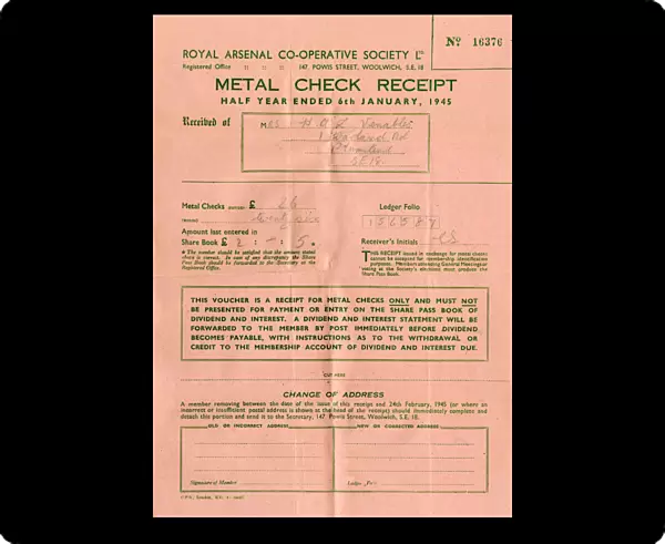 Metal Check Receipt, Royal Arsenal Co-Operative Society, WW2