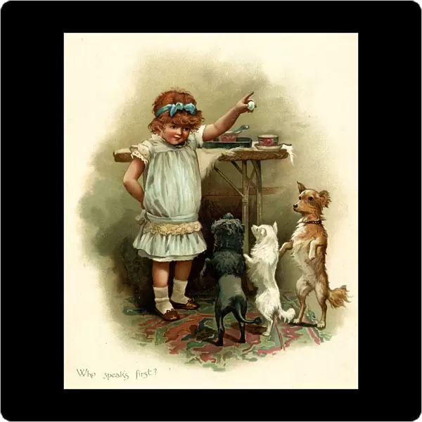 Illustration, Who Speaks First, girl making dogs beg