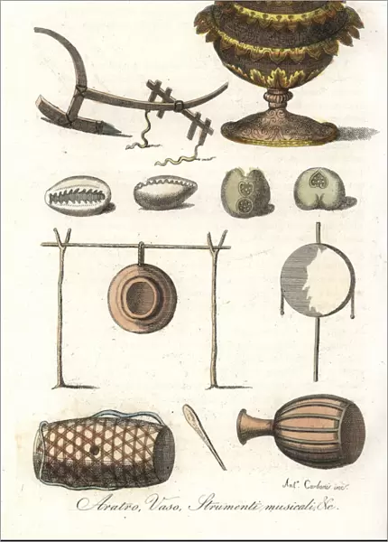 Plow, vase, money and musical instruments