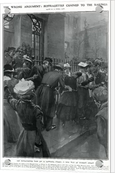 Police removing suffragettes chained to railings 1908