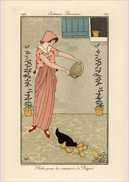 Woman feeding chickens in dress for the Easter holiday