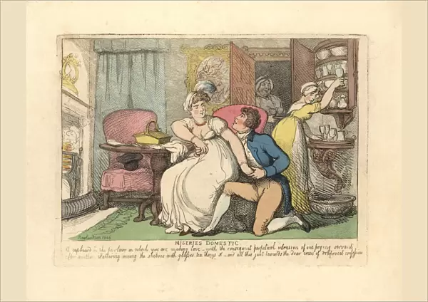 Two lovers in a parlour disturbed by prying maids