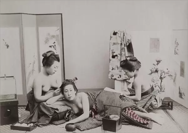Bare-breasted tea house girls, geishas, relaxing, Japan