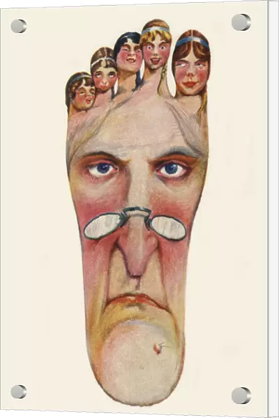Foot-shaped comic postcard, mother and five daughters