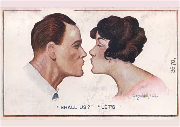 Comic postcard, Couple about to kiss Date: circa 1918