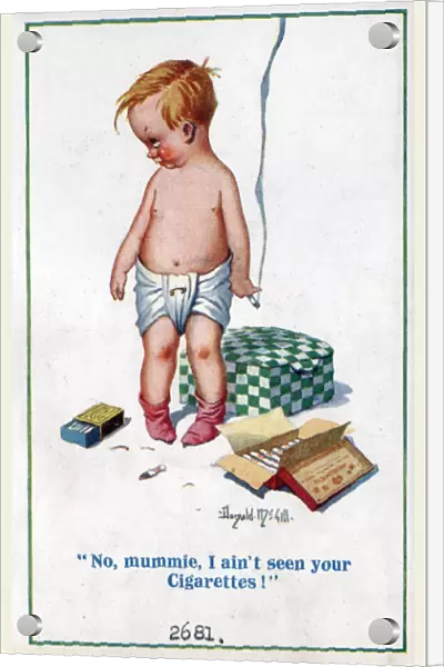 Comic postcard, Boy smoking mothers cigarettes Date: circa 1918