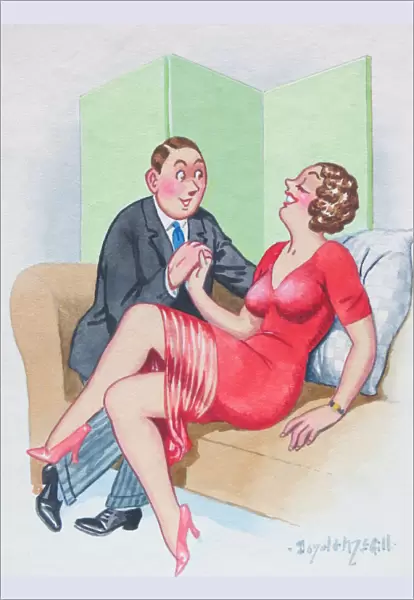 Comic postcard, Couple on a sofa
