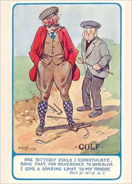 Comic postcard, Angry golfer with broken clubs, trying not to swear in front of the vicar