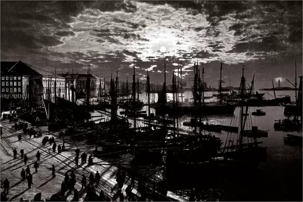 c. 1890s Italy - the harbour at Trieste by moonlight