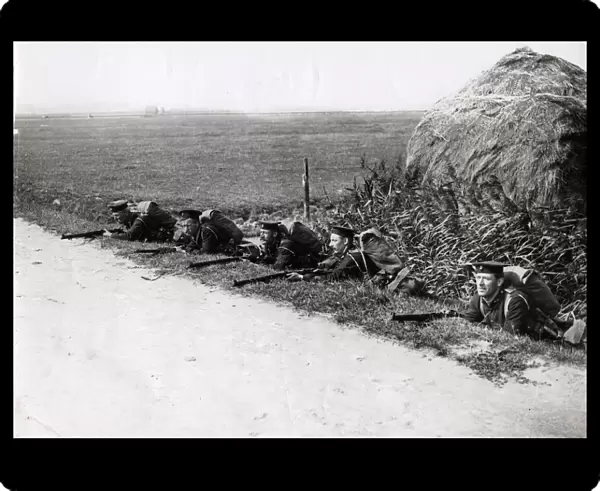 WWI: British Royal Marines by roadside near Ostend