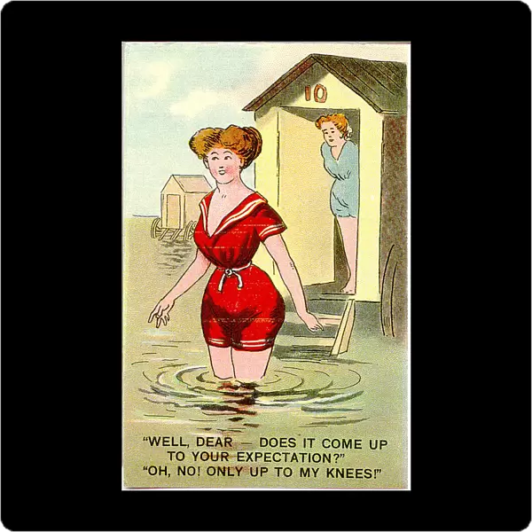 Comic postcard, Woman bathing in the sea - only up to my knees! Date: 20th century