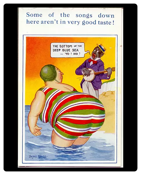 Comic postcard, Plump woman and minstrel at the seaside Date: 20th century