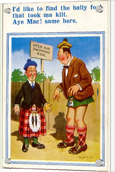 Comic postcard, Scotsmen wearing wrong kilts after going for a swim Date