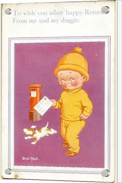 Birthday postcard, Little boy, dog and pillar box