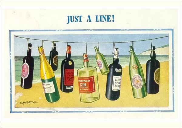 Comic postcard, Line of bottles on the beach - Just a Line! Date: 20th century