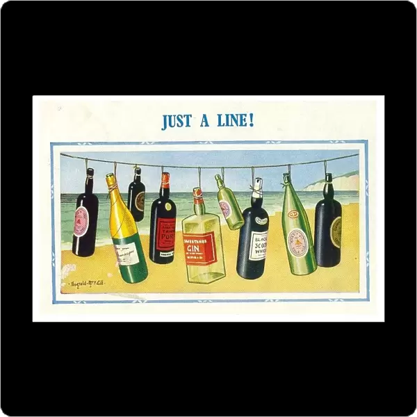 Comic postcard, Line of bottles on the beach - Just a Line! Date: 20th century