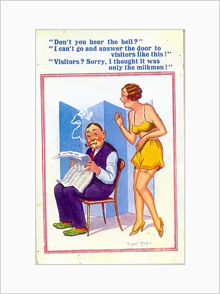 Comic postcard, Someone at the door - only the milkman? Date: 20th century