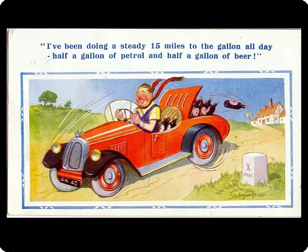 Comic postcard, Man driving a car with beer bottles Date: 20th century