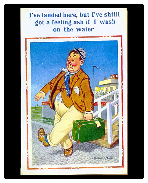 Comic postcard, Man stepping off a boat at the seaside Date: 20th century