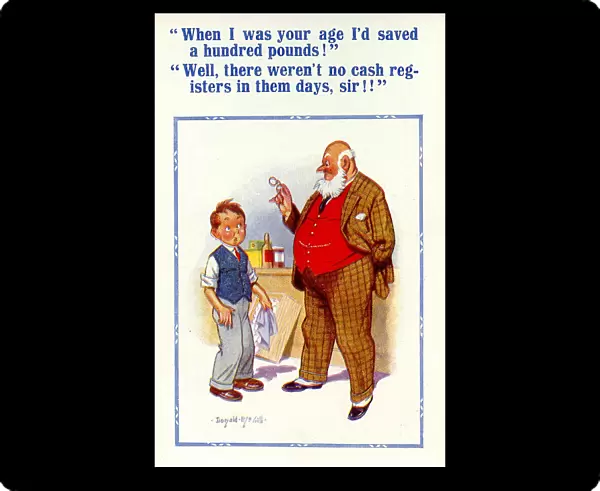 Comic postcard, Little boy and old man - saving money Date: 20th century