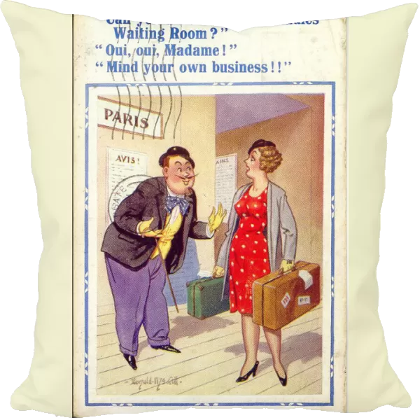 Comic postcard, Woman travelling in Paris - a helpful Frenchman Date: 20th century